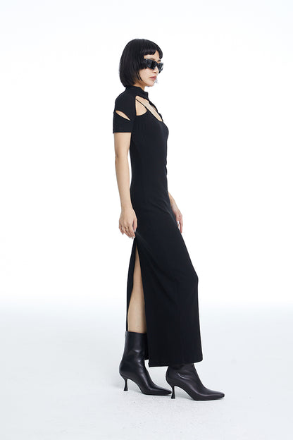TINY IN fake two-piece deconstructed knitted back slit midi black dress -PUPIN
