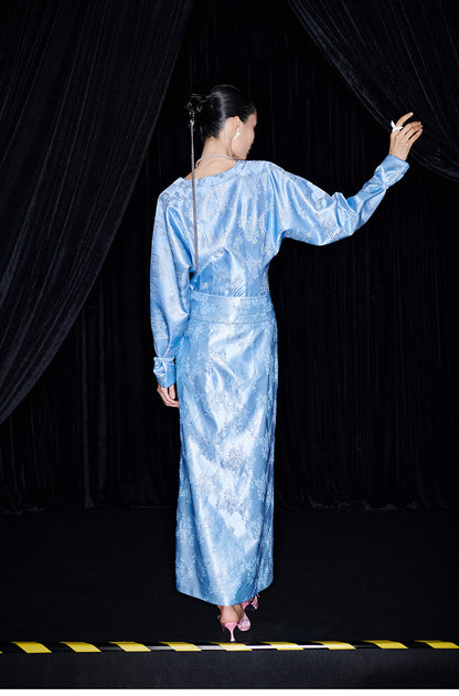 M essential Mackay designer blue Jacquard jumper-cut waist crop top slit skirt set - Janet