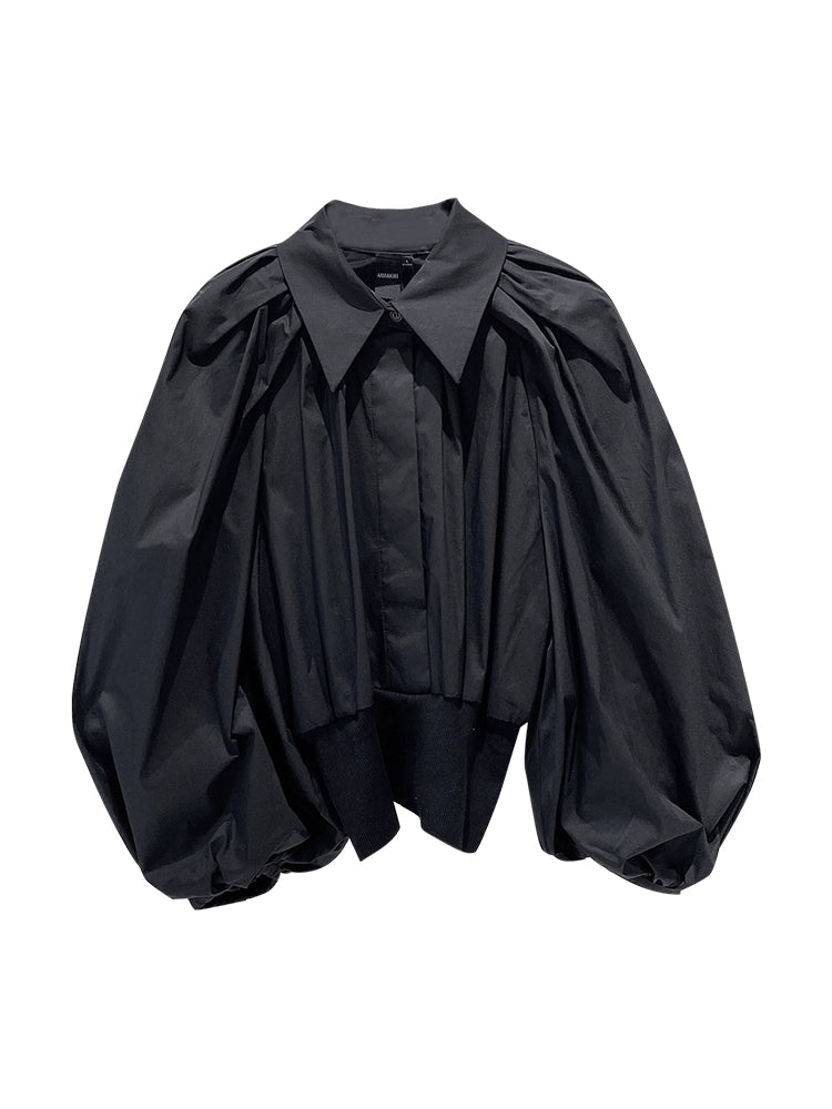 ANNAKIKI Women's Niche Black Puff Long Sleeve Shirt-CHESTNUT