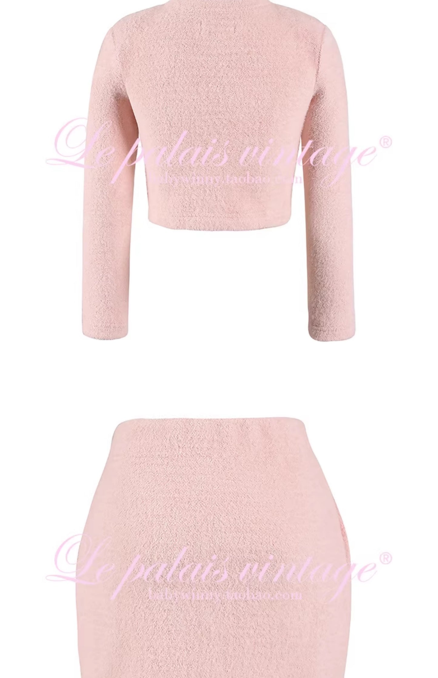 Le Palais Vintage Luxury Two Piece V-neck Top Pink Plush Handbag Short Skirt Suit-Lora