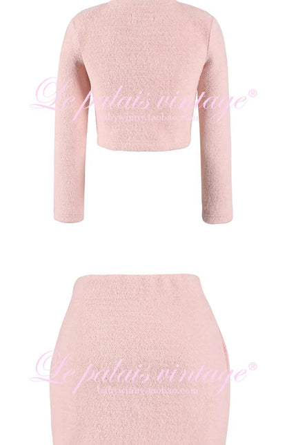 Le Palais Vintage Luxury Two Piece V-neck Top Pink Plush Handbag Short Skirt Suit-Lora