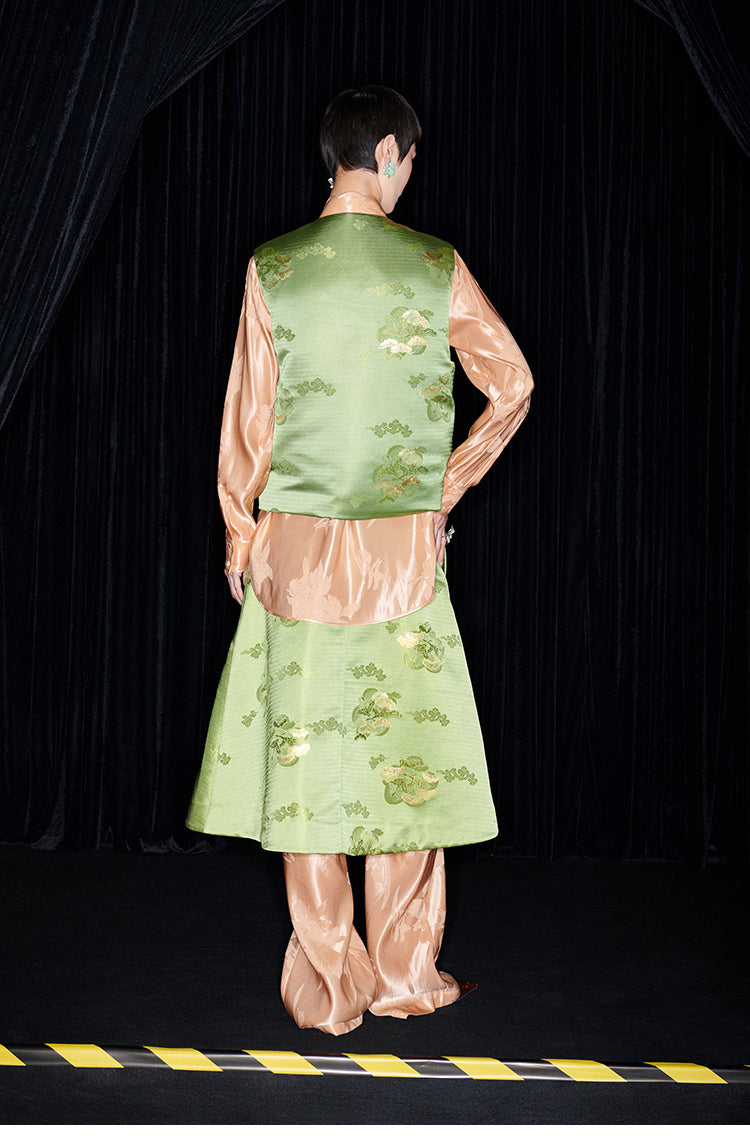 M essential Mackay's designer orchid puffer gilet shirt skirt Pant set - three.