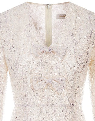 Wardrobes By Chen Elegant Off White Sequin Long Sleeve Bow bridal Short Dress-Shelly