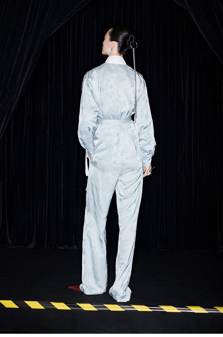 M essential Mackay designer pastel blue Jacquard knotted jacket pants suit set - Gekit.
