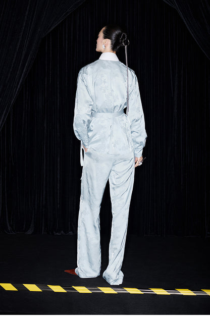 M essential Mackay designer pastel blue Jacquard knotted jacket pants suit set - Gekit.