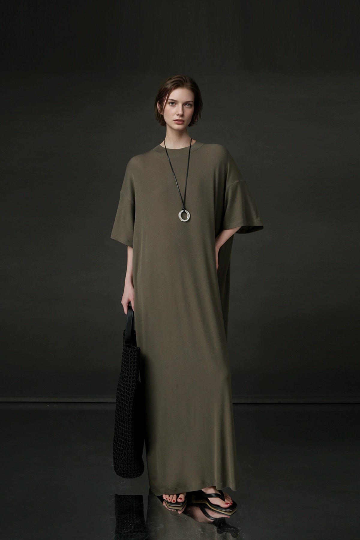 PIAOIN minimalist style nude tencel wool t-shirt skirt versatile dress -LYDIA