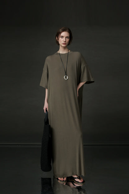 PIAOIN minimalist style nude tencel wool t-shirt skirt versatile dress -LYDIA