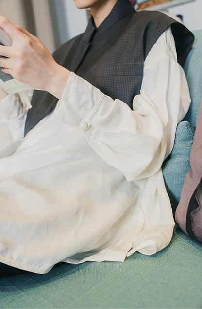 TUYUE White Linen Handmade Buckle Long Sleeve Loose Shirt- MIKO.