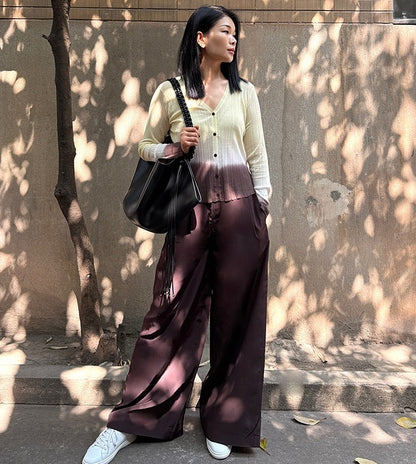 COMME MOI Lv Yan designer's new brown high-waisted pressed pleated wide-leg pants - LAKELYN.