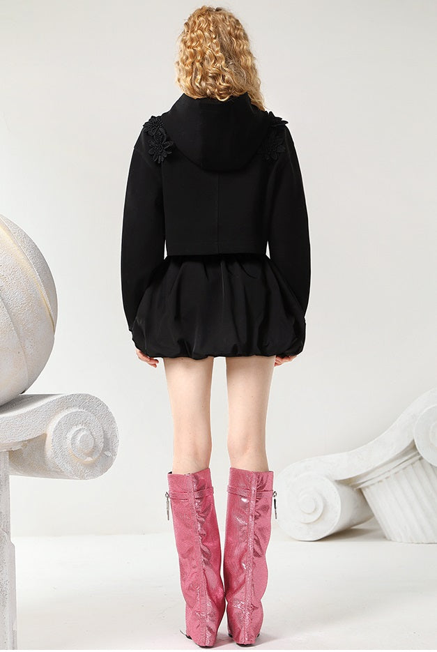 CHECOCRE Classy Sweet Cool Black Sweatshirt Shorts Two Piece Set - LEAF