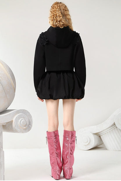 CHECOCRE Classy Sweet Cool Black Sweatshirt Shorts Two Piece Set - LEAF