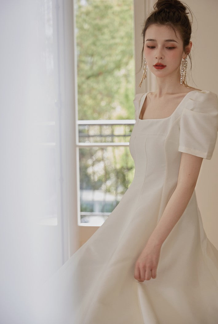 DOLLY Elegant Retro Square Neck Short Puff Sleeve Satin Long A-Line Dress-BAMBI