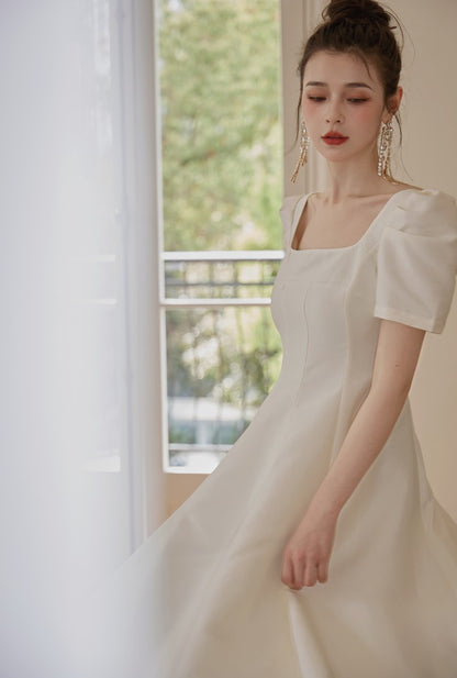 DOLLY Elegant Retro Square Neck Short Puff Sleeve Satin Long A-Line Dress-BAMBI