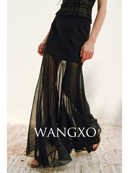 WANGXO | Twill Roman Knit with Lightweight Sheer Paneling  A-Line Hem Flowing Skirt  -RAYA
