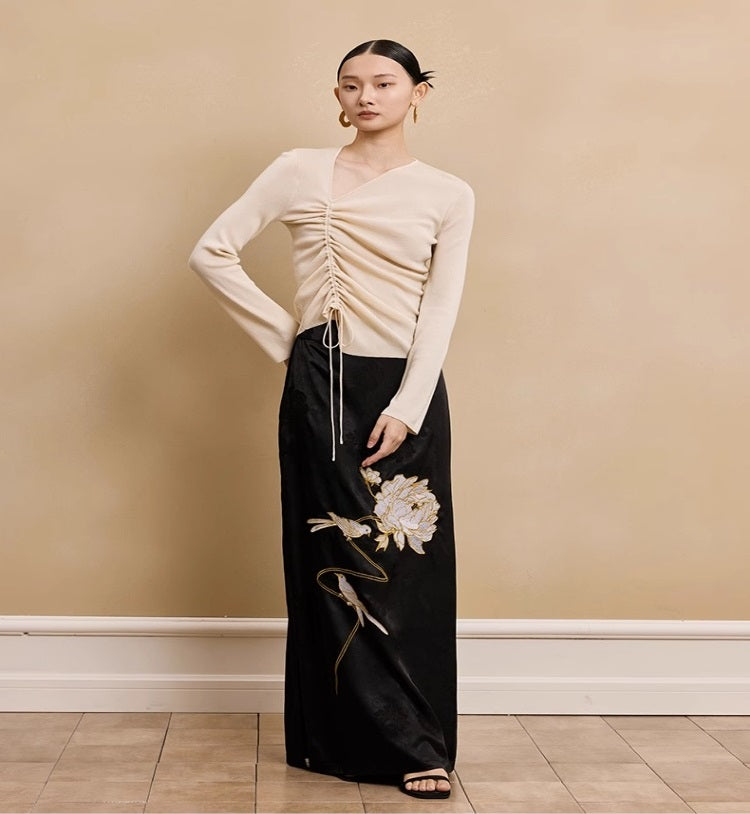 HECO Acetate Peony Jacquard Embroidery Side Slit Maxi Skirt  - SMART.