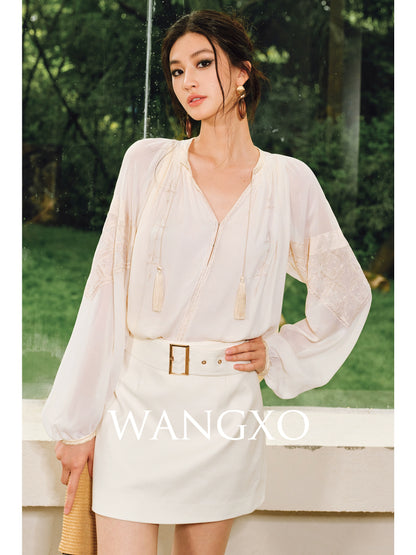 WANGXO | High-Content Premium Cotton Skirt Featuring Metal Loop Belt -RINA