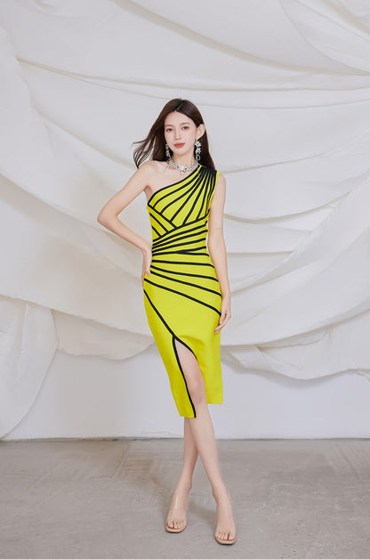 DOLLY Elegant One Shoulder Sleeveless Stripped Slim Fit Slit Dinner Dress-ZEN