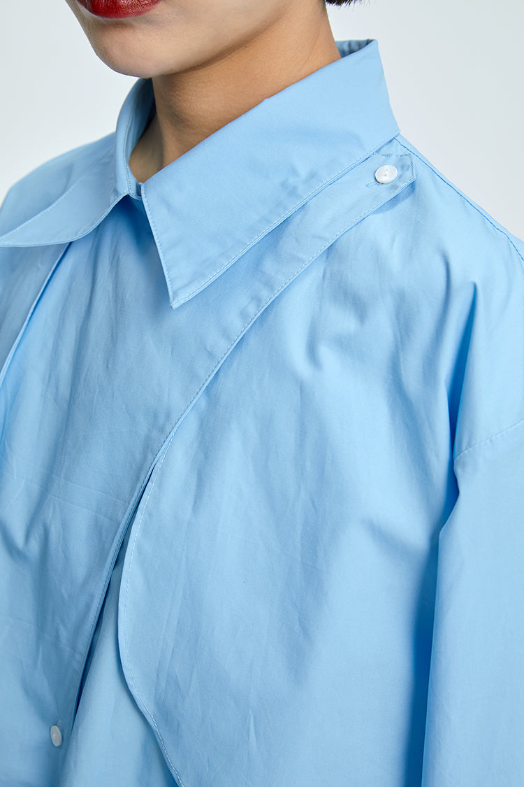TINY IN  two irregular drawstrings waist cinching blue white shirts-DANTE