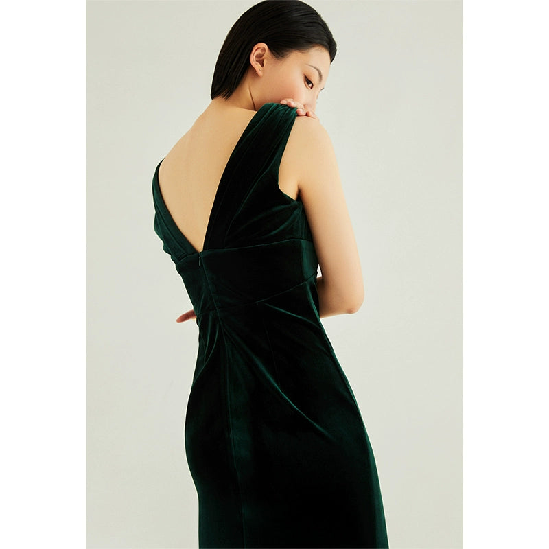 GOUDIN high-end temperament velvet long dark green dresses -ADDIE