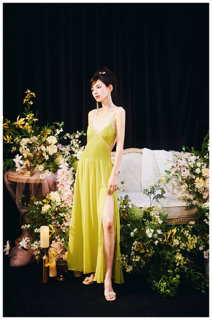 DOLLY Elegant Green V-Neck Sleeveless Slim Fit Backless Slit Resort Dress-JUN