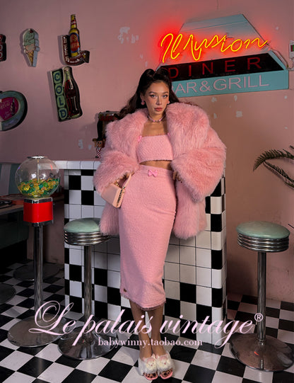 Le Palais Vintage Pink Plush Crop Top + Hip Skirt Set