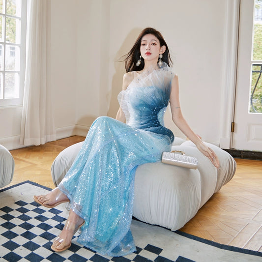 DOLLY Luxury Blue Sleeveless Mesh Bandeau High Waist Long Fish Tail Cocktail Dress-SENORA