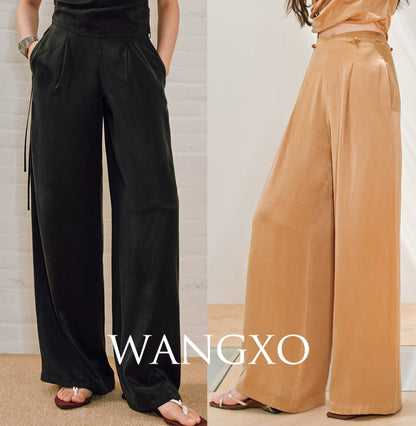 WANGXO | Sleek Cupro Asymmetrical Top and Highwaisted Pants Set -ELENORA.