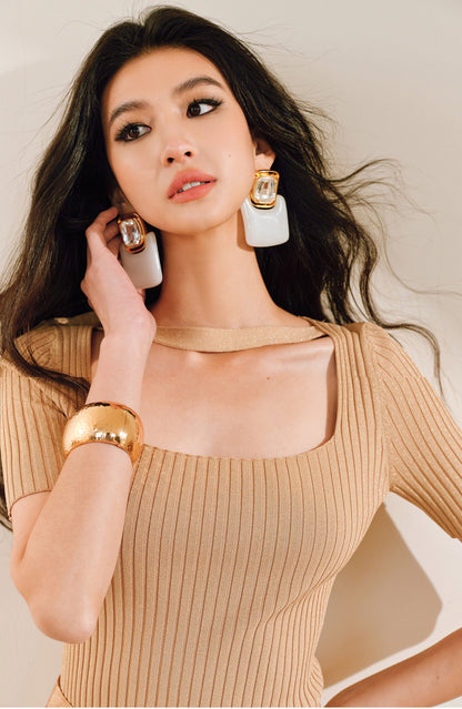 WANGXO | Phantom Shiny Silk with Hemp Retro Square Neck Slim Ribbed Knit Short Sleeve Top -ZARA