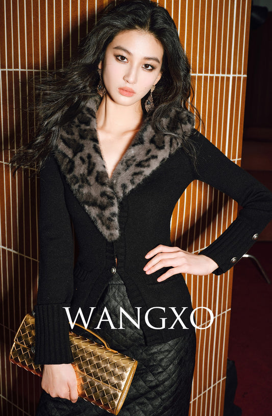 WANGXO | Elastic Modal Detachable Leopard Print Fur Collar Knitted Sweater - ZOYA.