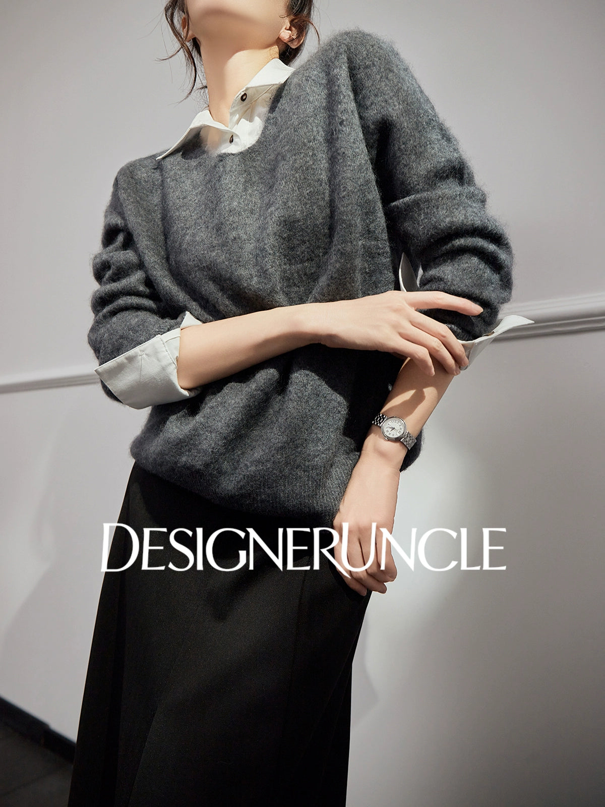 DGU "Goose Return" gray crew neck sweater loose and versatile slimming top - ALVADA.