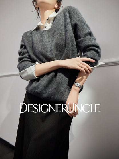 DGU "Goose Return" gray crew neck sweater loose and versatile slimming top - ALVADA.