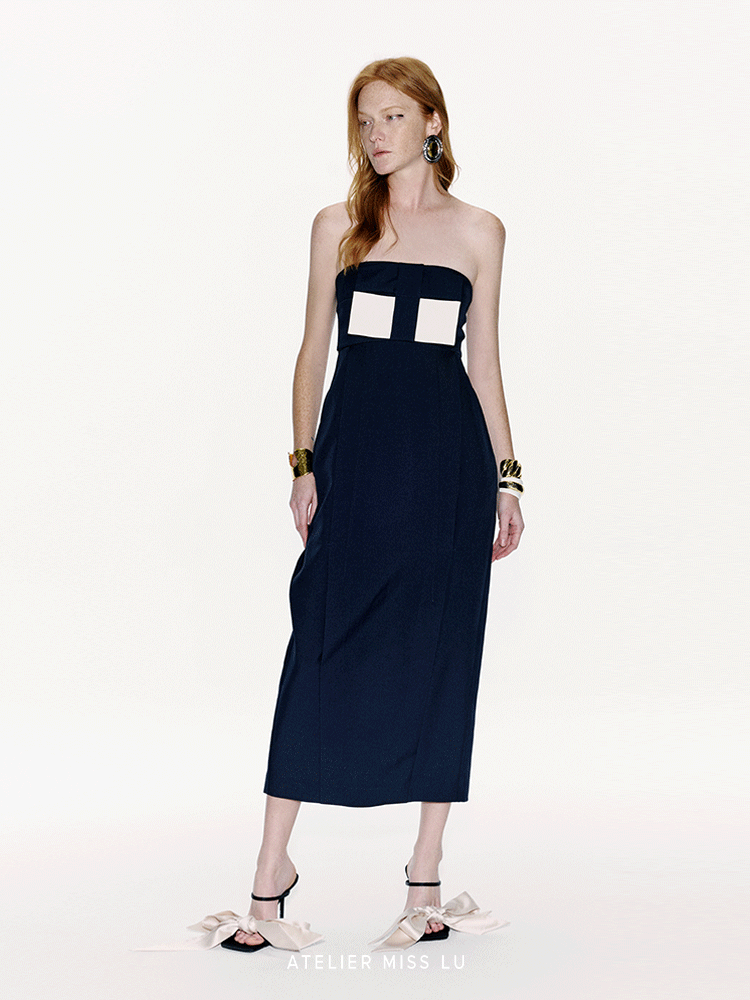 ATELIER MISS LU Spring And Summer Geometric Ribbon Waist Bandeau Dress - BEAUTY.