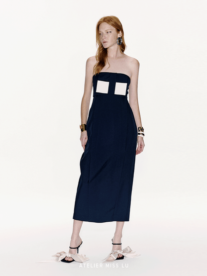 ATELIER MISS LU Spring And Summer Geometric Ribbon Waist Bandeau Dress - BEAUTY.