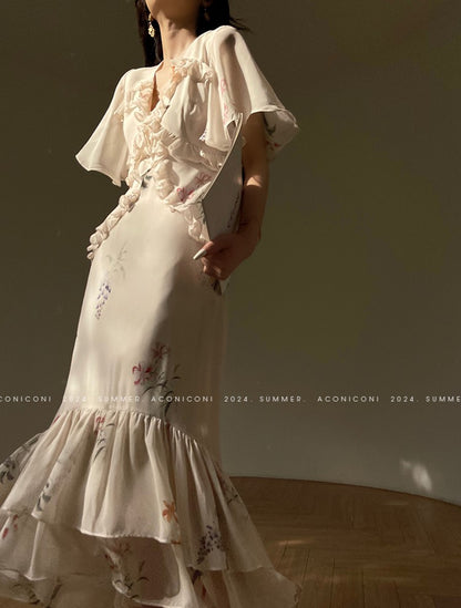 Aconiconi Luxury French Floral Print Slim Fit Hip Hug Dinner Dress- Primrose Whisper