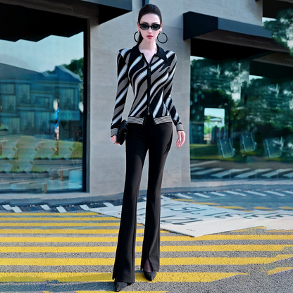 VJE Stripe Knitted Cardigan Age-Reducing Contrast Sweater Jacket-NIN.