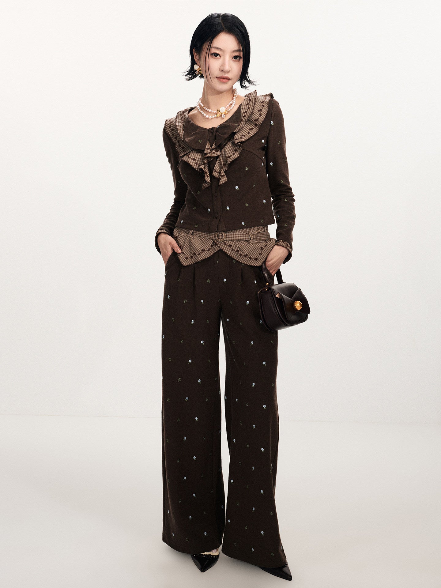 FAME Turn-Up Waist Vintage Check Trim Embroidered Pants - MACY.