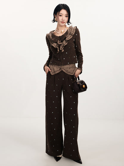 FAME Turn-Up Waist Vintage Check Trim Embroidered Pants - MACY.
