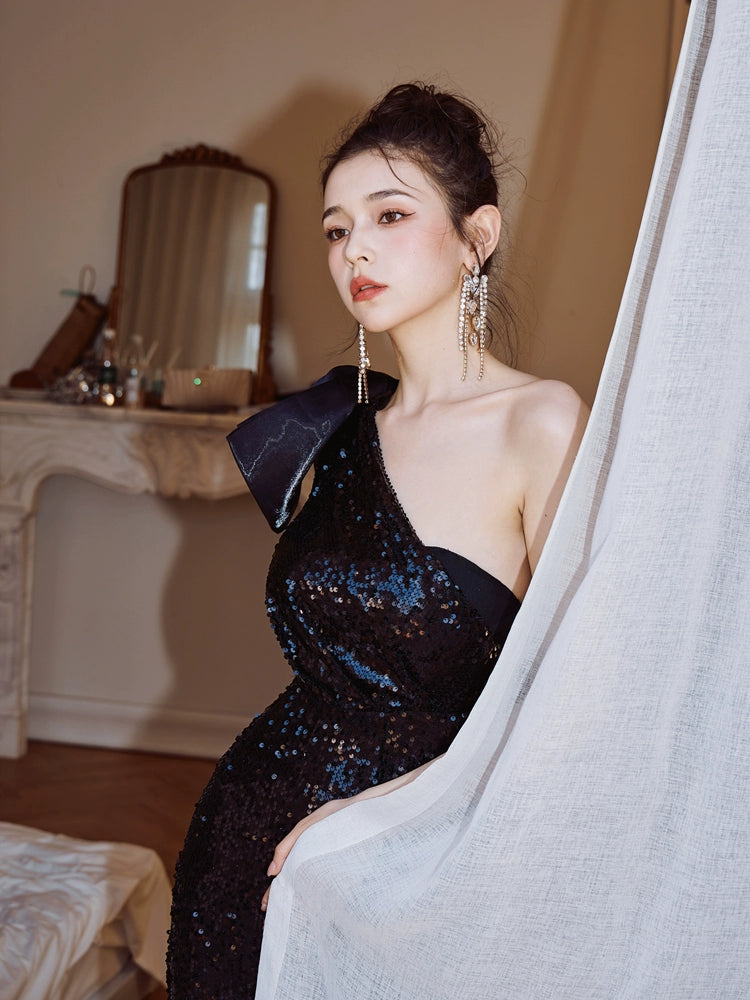 DOLLY Elegant Black Sleeveless Bow One Shoulder Slim Fit Short Dinner Date Dress-LUISA