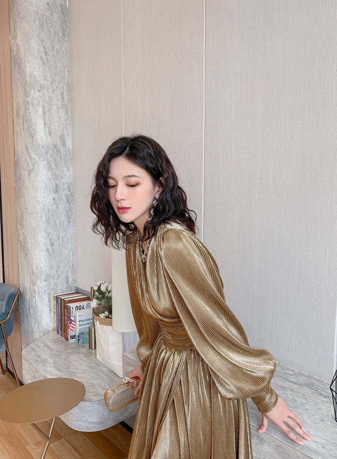 DOLLY Elegant Retro Gold Deep V-Neck Long Puff Sleeve Long Slit Award Dress-HUGO