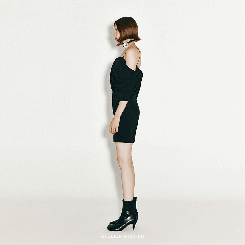 ATELIER MISS LU Irregular Draped Off-the-Shoulder Slip Dress - ABRAHAM