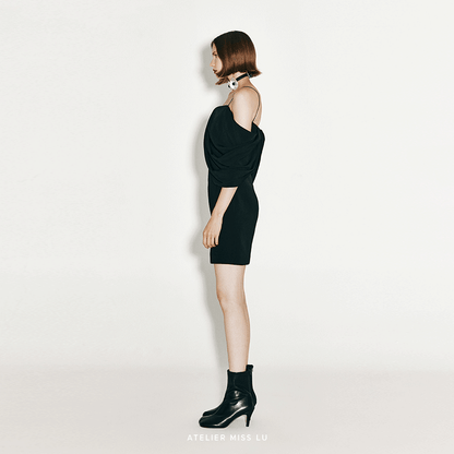 ATELIER MISS LU Irregular Draped Off-the-Shoulder Slip Dress - ABRAHAM