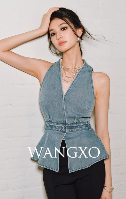 WANGXO | Soft Cotton Denim Halterneck Top -CALISTA.