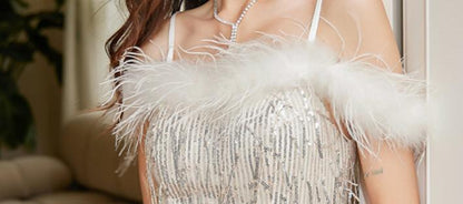 DOLLY Elegant White Sequin Feather Tube Top Fish Tail Slit Cocktail Dress-GINA