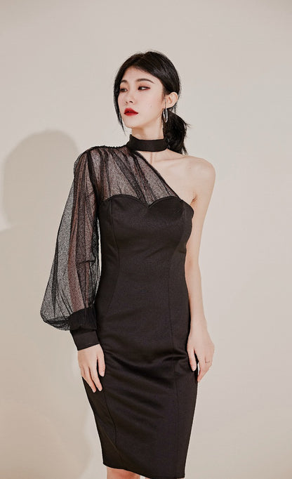 DOLLY Elegant Black One Shoulder Mesh Puff Long Sleeve Slim Fit Dinner Dress-AGNES