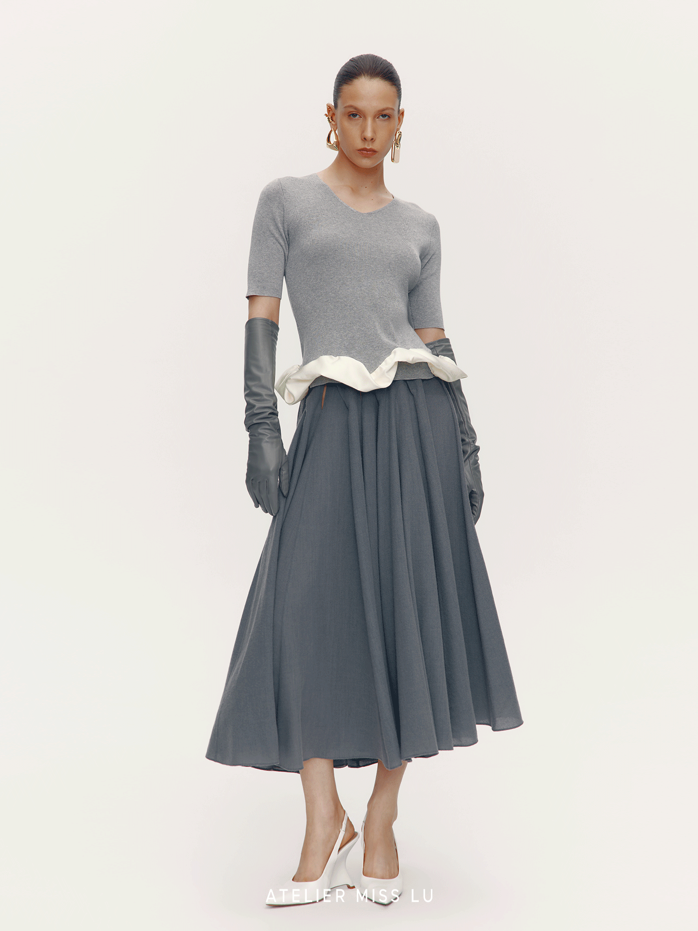ATELIER MISS LU [Ferris Wheel Shimmer] Waist Cutout Sheep Wool Blend Skirt - LOVER.