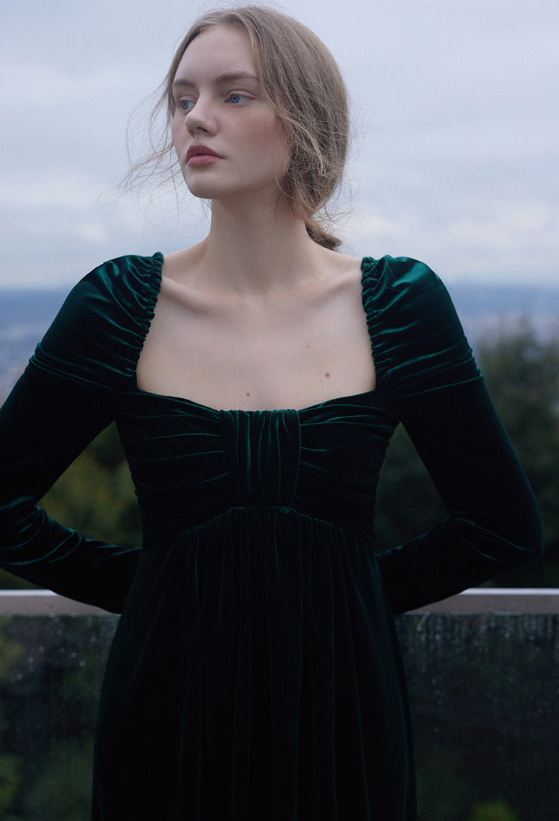 GOUDIN long dark green vintage velvet evening party-BOGNA.
