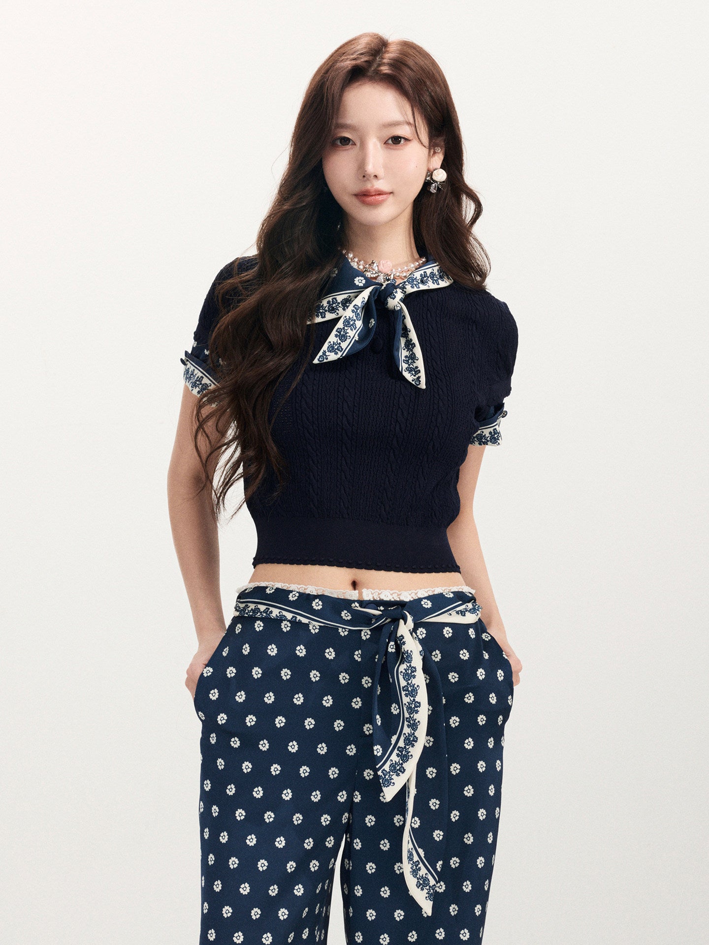 FAME beaded printed silk scarf knitted short-sleeved T-shirt
