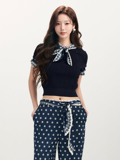FAME beaded printed silk scarf knitted short-sleeved T-shirt