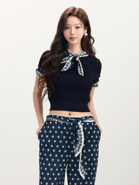 FAME beaded printed silk scarf knitted short-sleeved T-shirt