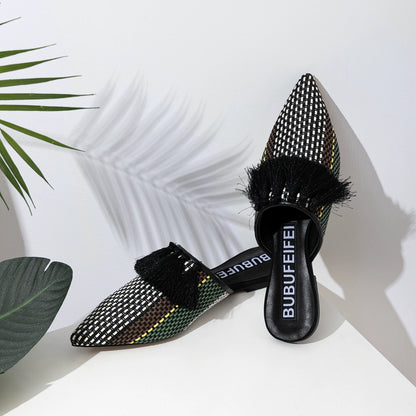 B-FEI  woven black tassel flat mules-DERY.